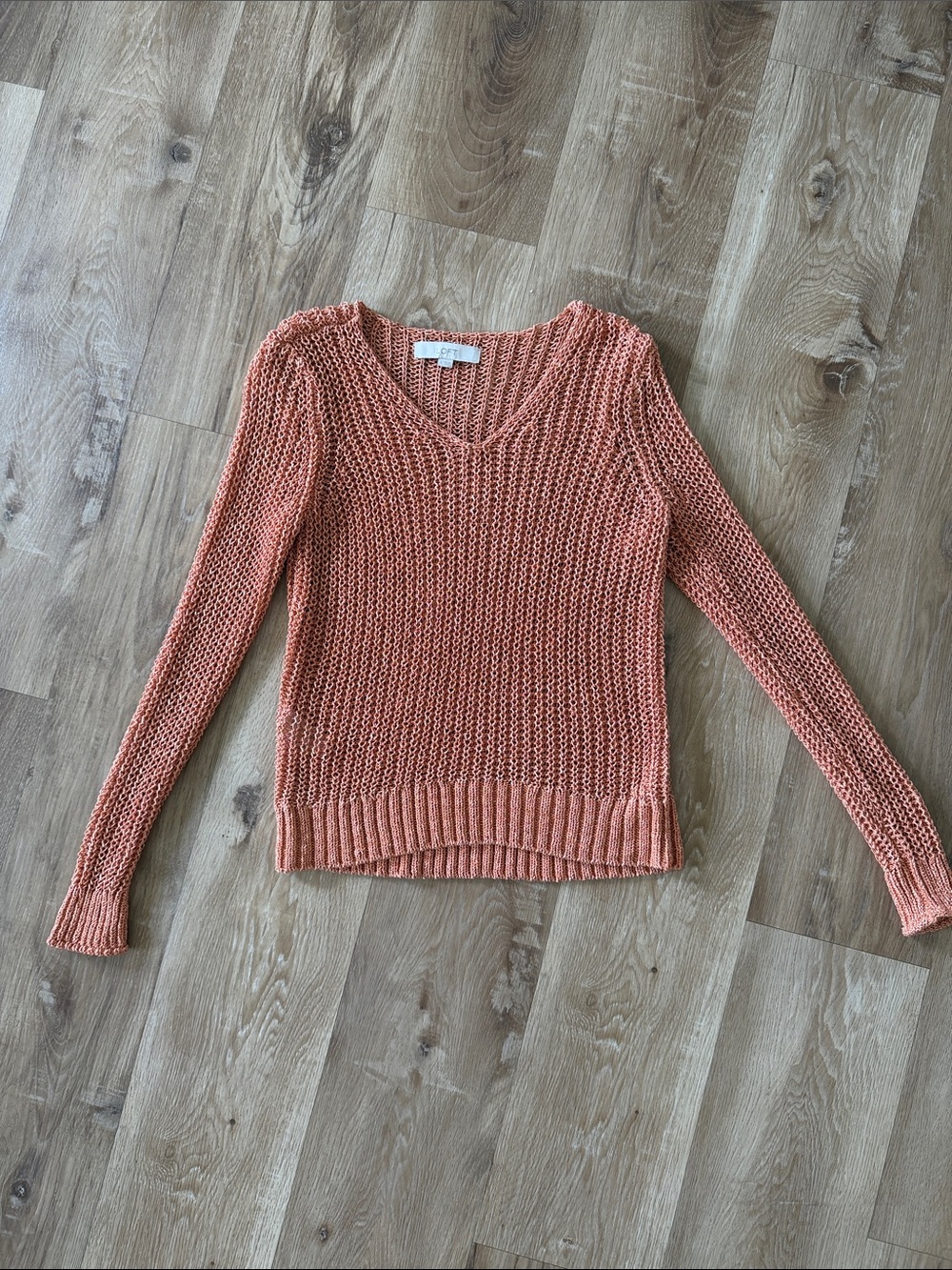 LOFT V-Neck Open Knit Sweater in Peachy Coral